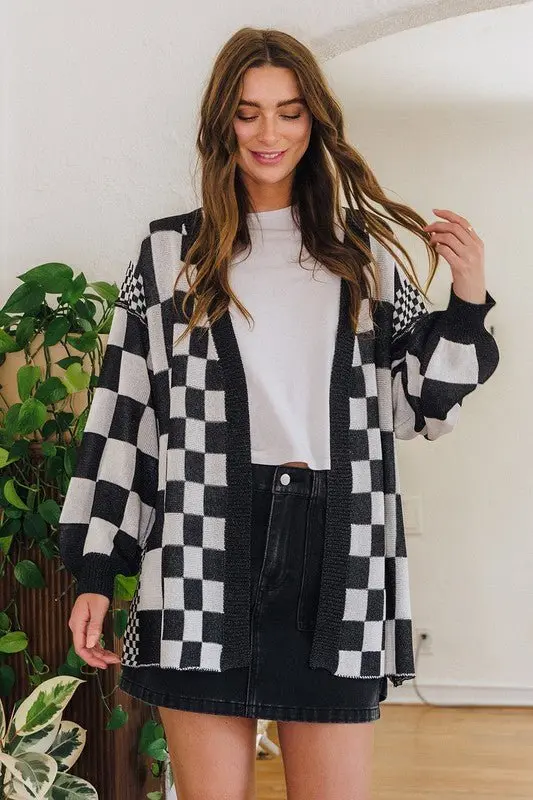 Checkered Open Front Cardigan – Black online
