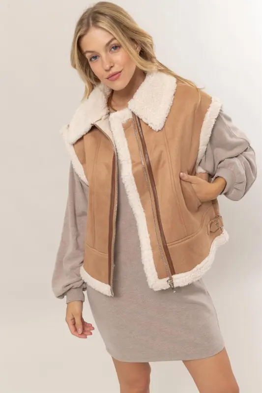Fur-Contrast Zip Up Suede Vest online
